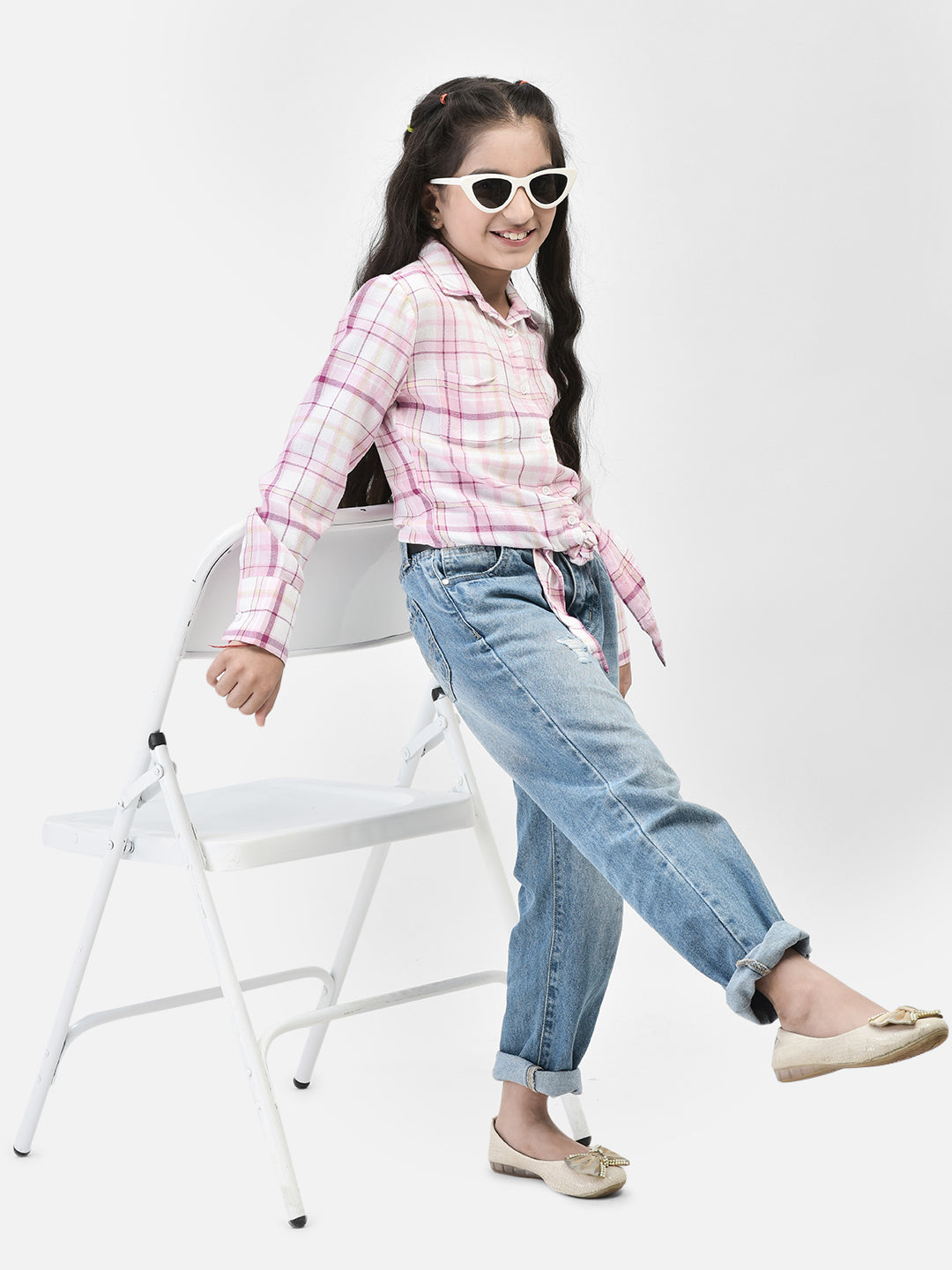 Pink Checked Waist Tie Up Shirt-Girls Shirts-Crimsoune Club