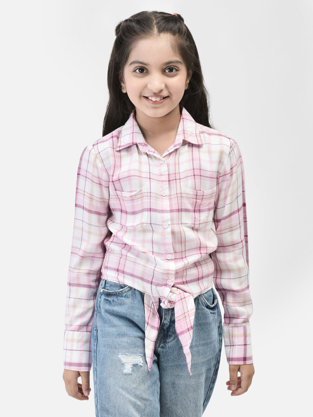 Pink Checked Waist Tie Up Shirt-Girls Shirts-Crimsoune Club