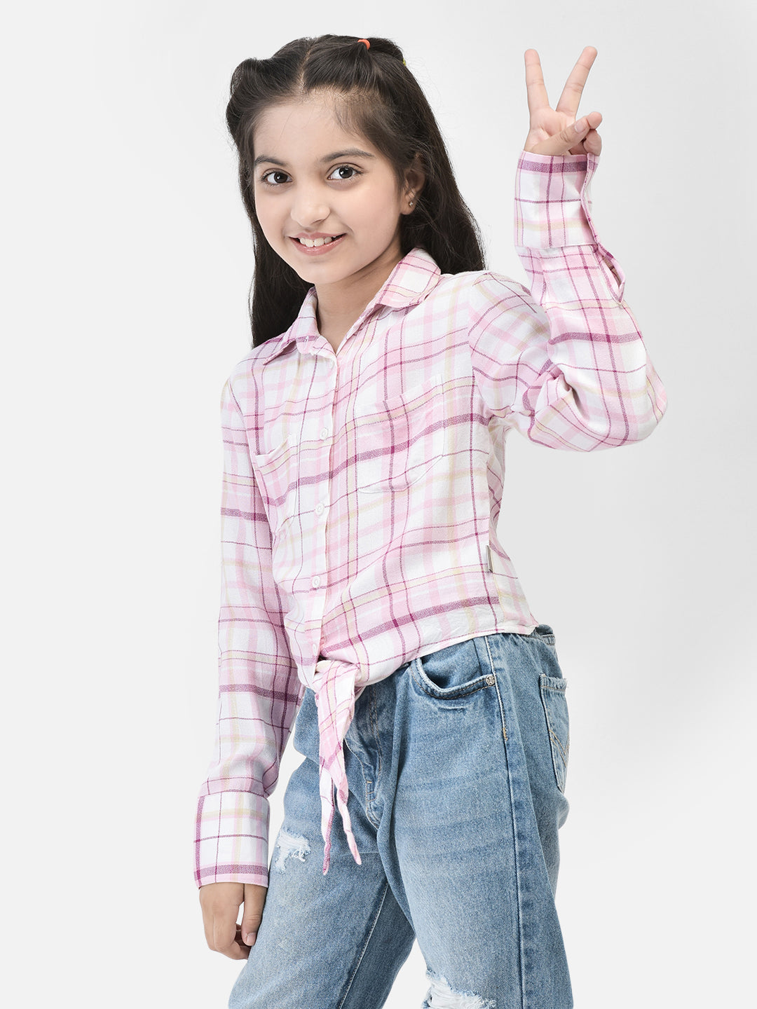 Pink Checked Waist Tie Up Shirt-Girls Shirts-Crimsoune Club