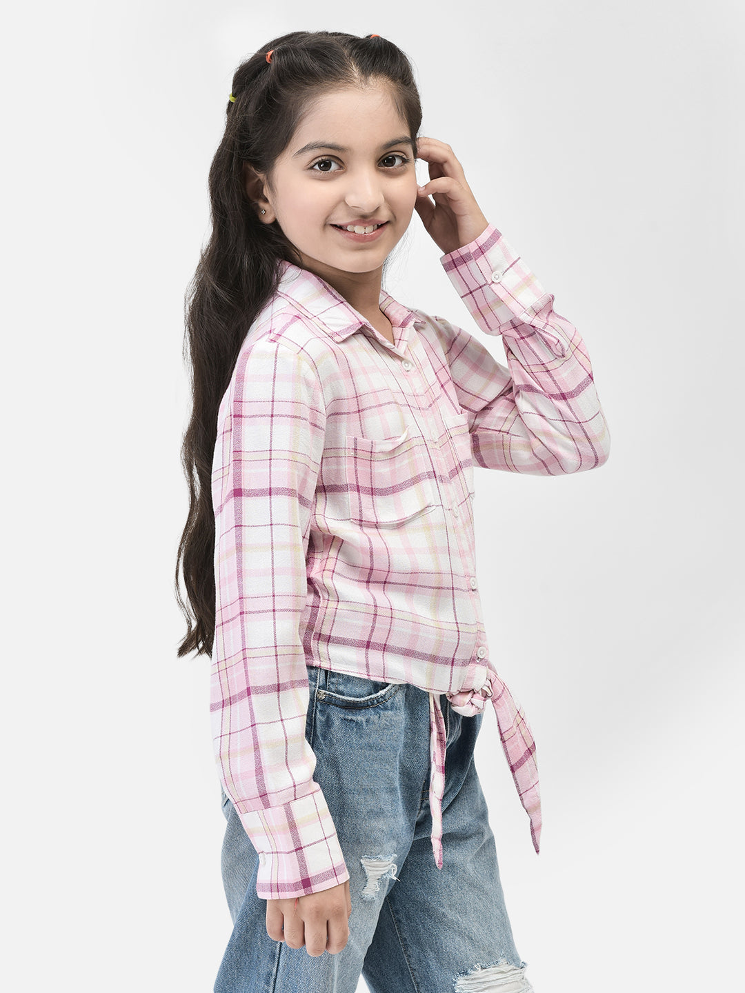 Pink Checked Waist Tie Up Shirt-Girls Shirts-Crimsoune Club