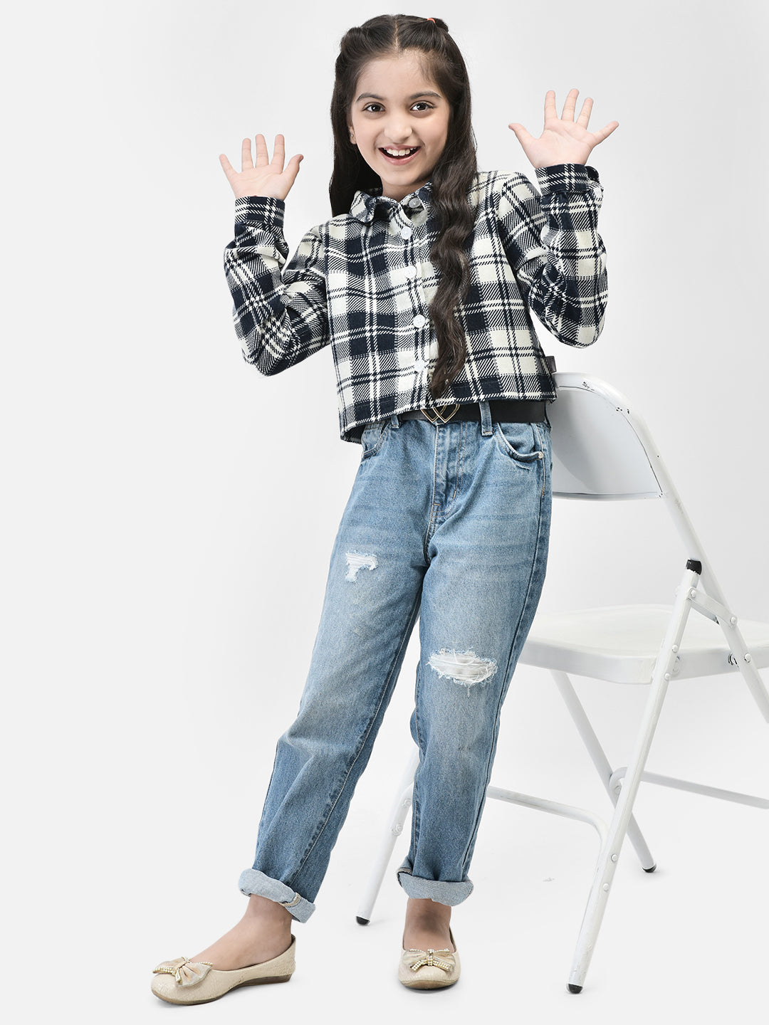 Black Checked Crop Length Shirt-Girls Shirts-Crimsoune Club