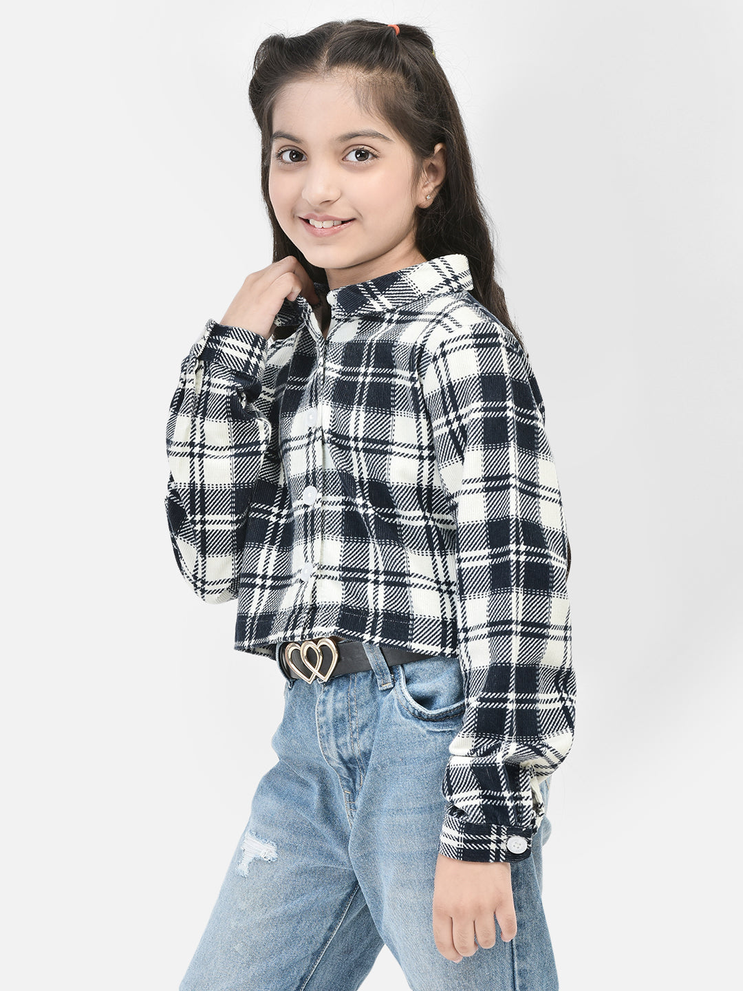 Black Checked Crop Length Shirt-Girls Shirts-Crimsoune Club