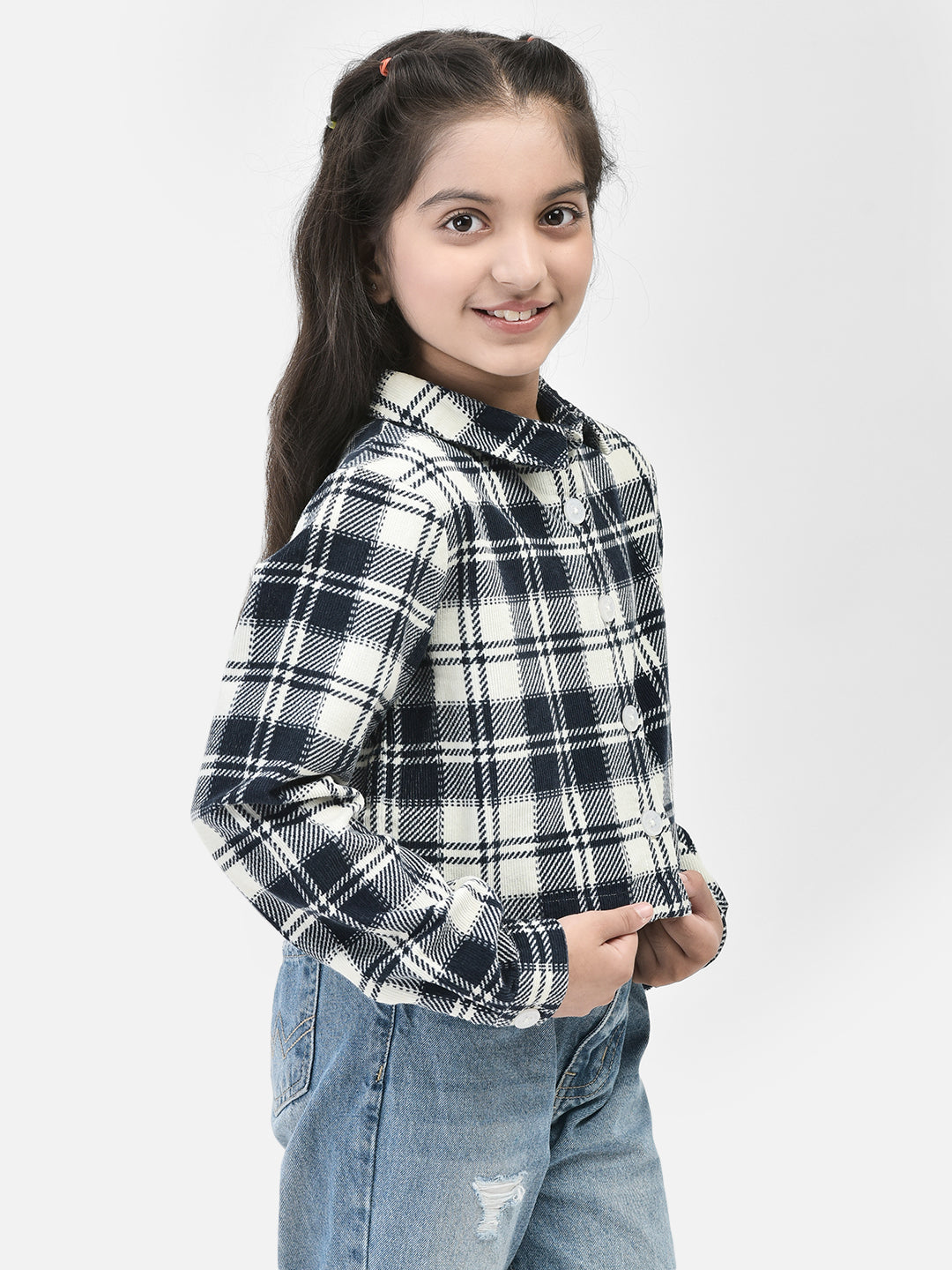 Black Checked Crop Length Shirt-Girls Shirts-Crimsoune Club