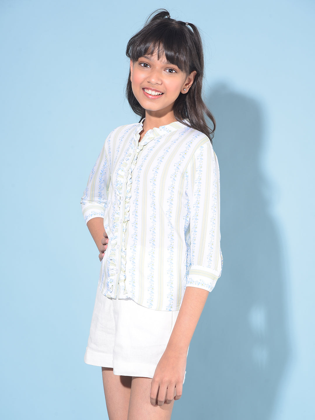 Blue Floral Print Shirt-Girls Shirts-Crimsoune Club