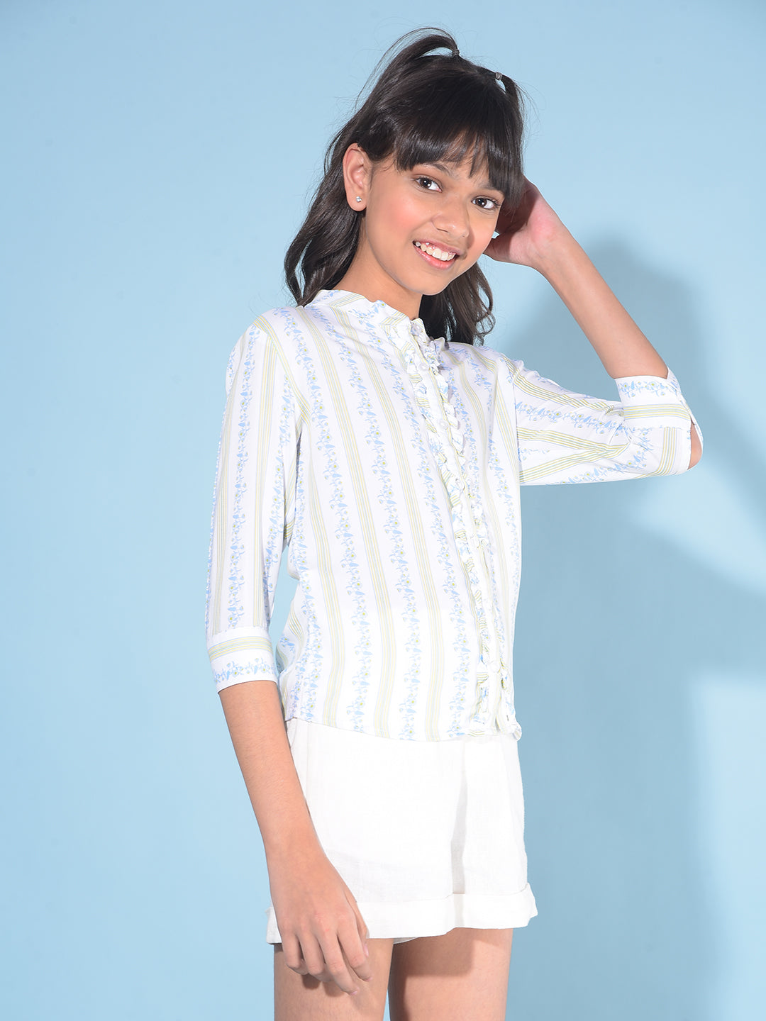 Blue Floral Print Shirt-Girls Shirts-Crimsoune Club