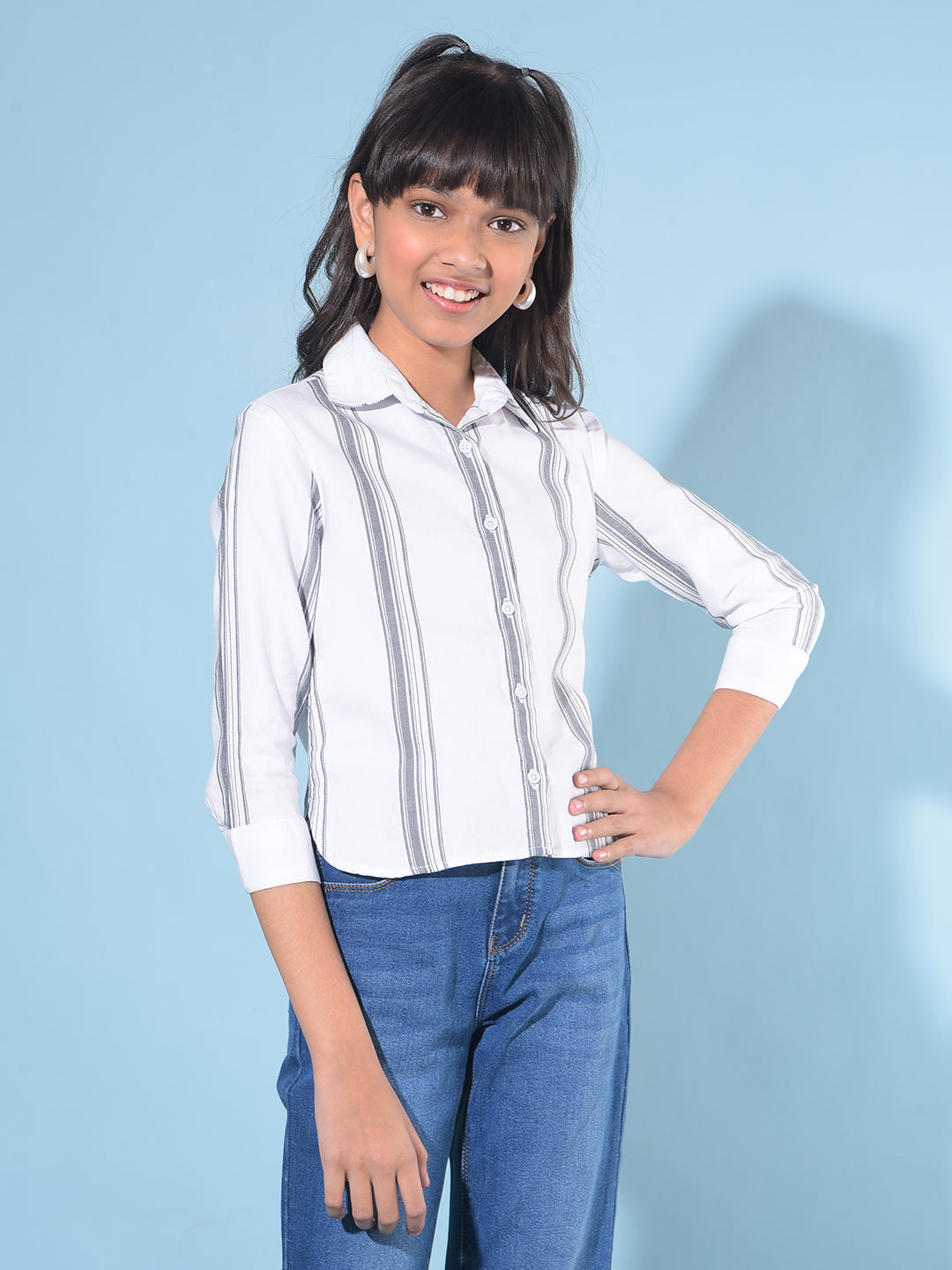 White Vertical Striped Shirt-Girls Shirts-Crimsoune Club