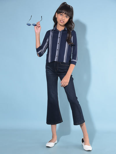 Navy Blue Vertical Striped Shirt-Girls Shirts-Crimsoune Club