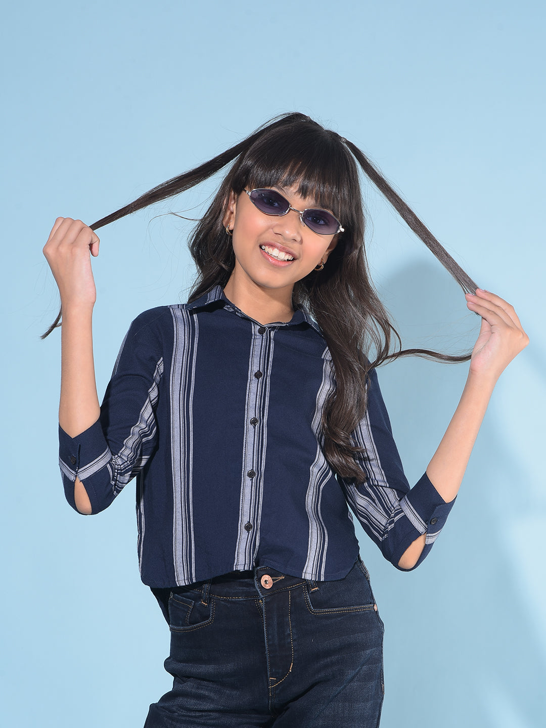 Navy Blue Vertical Striped Shirt-Girls Shirts-Crimsoune Club