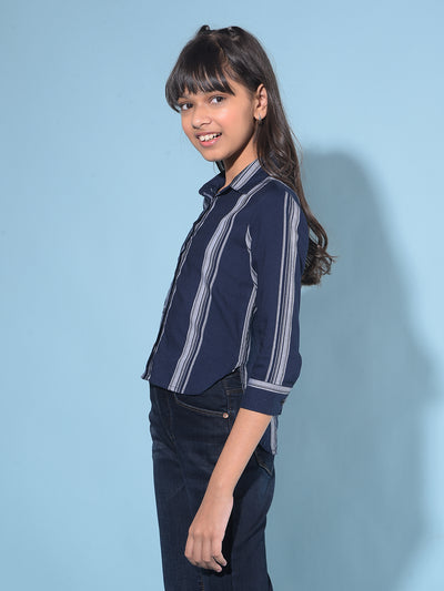 Navy Blue Vertical Striped Shirt-Girls Shirts-Crimsoune Club