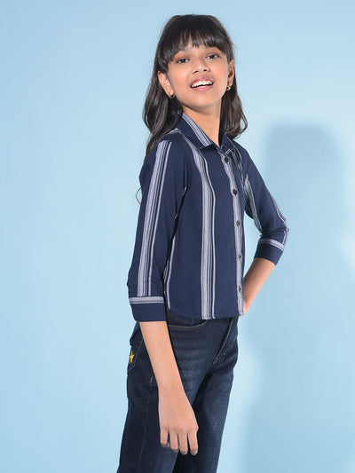 Navy Blue Vertical Striped Shirt-Girls Shirts-Crimsoune Club