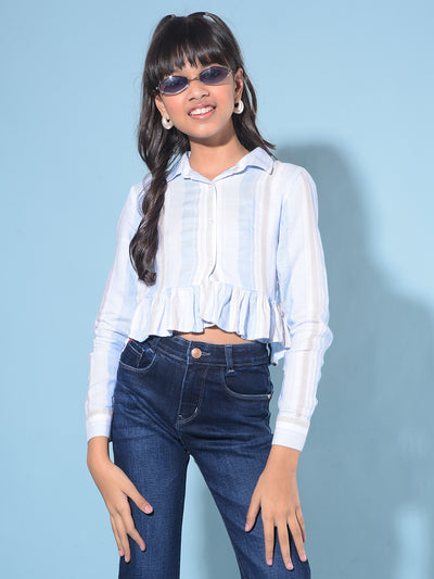 Blue Vertical Striped Crop Length Shirt-Girls Shirts-Crimsoune Club