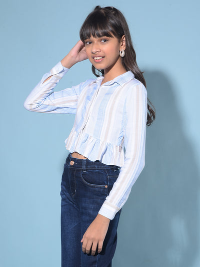 Blue Vertical Striped Crop Length Shirt-Girls Shirts-Crimsoune Club