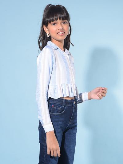 Blue Vertical Striped Crop Length Shirt-Girls Shirts-Crimsoune Club