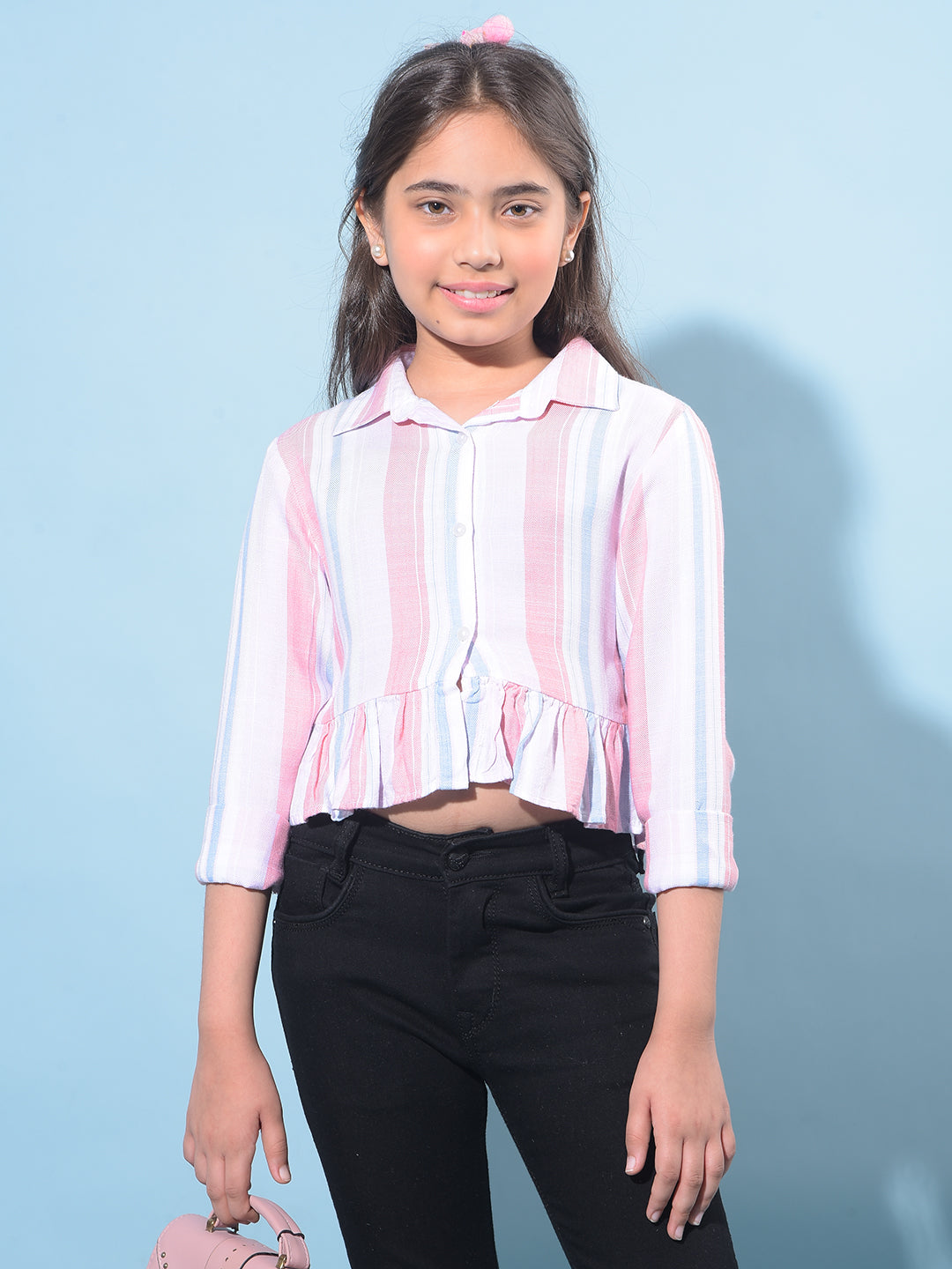 Peach Vertical Striped 100% Lyocell Shirt-Girls Shirts-Crimsoune Club