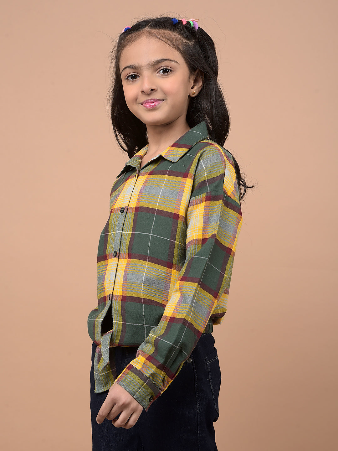Yellow Checked 100% Cotton Tie-Up Shirt-Girls Shirts-Crimsoune Club