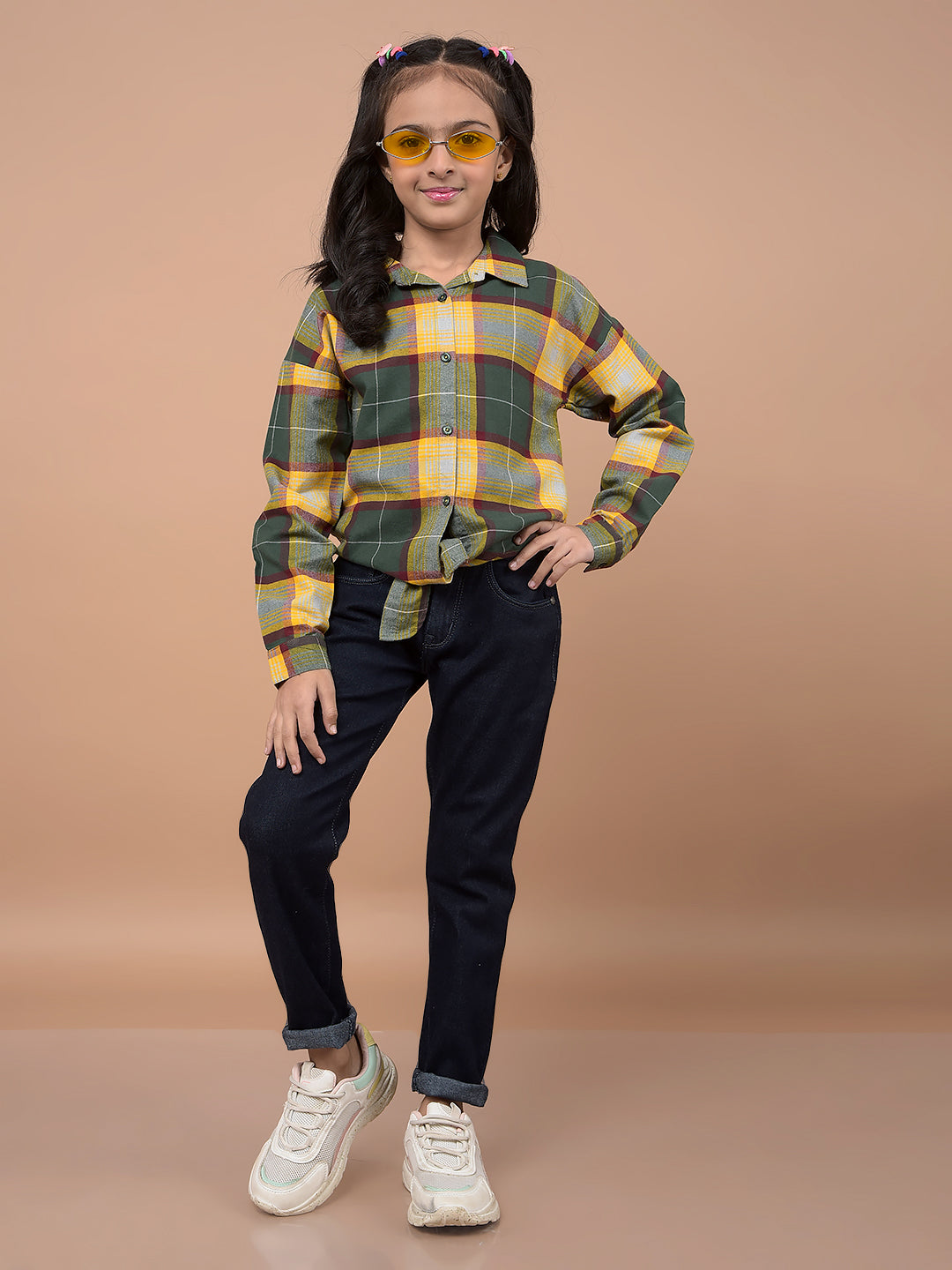 Yellow Checked 100% Cotton Tie-Up Shirt-Girls Shirts-Crimsoune Club