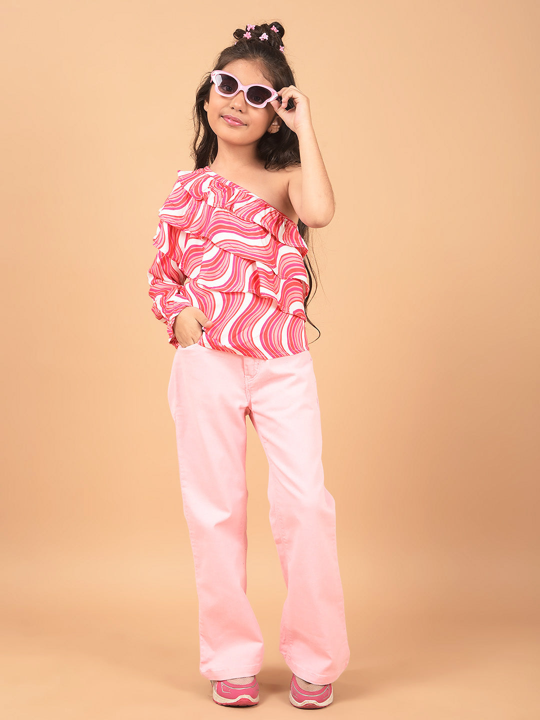 Pink Abstract Print One Shoulder Top-Girls Tops-Crimsoune Club