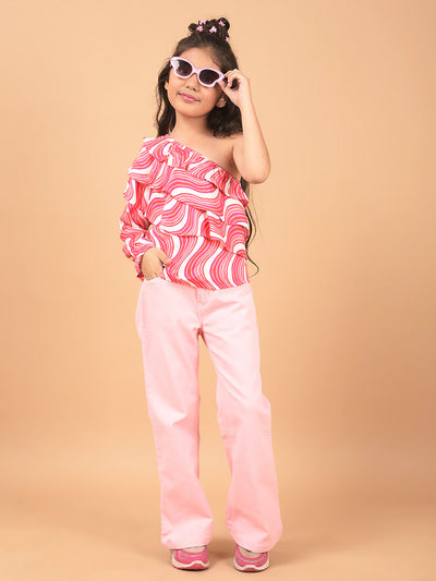 Pink Abstract Print One Shoulder Top-Girls Tops-Crimsoune Club