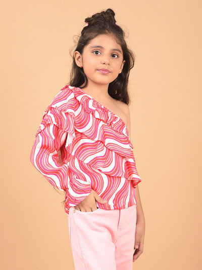 Pink Abstract Print One Shoulder Top-Girls Tops-Crimsoune Club