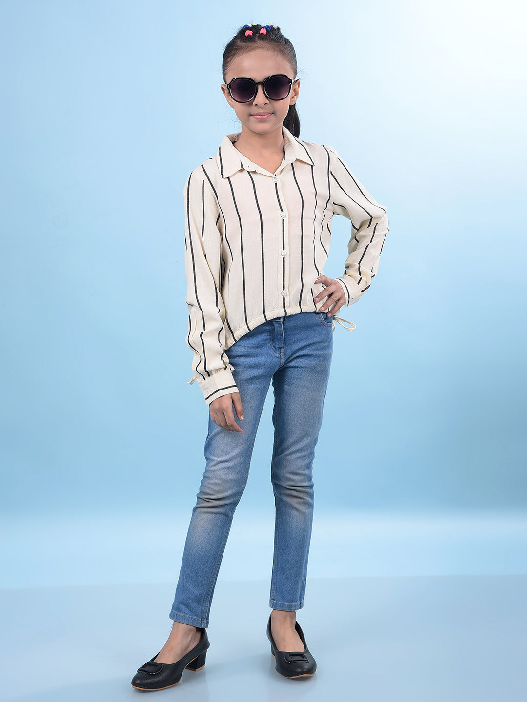 Cream Vertical Stripes Shirt-Girls Shirts-Crimsoune Club