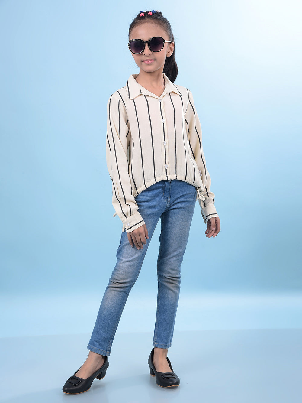 Cream Vertical Stripes Shirt-Girls Shirts-Crimsoune Club