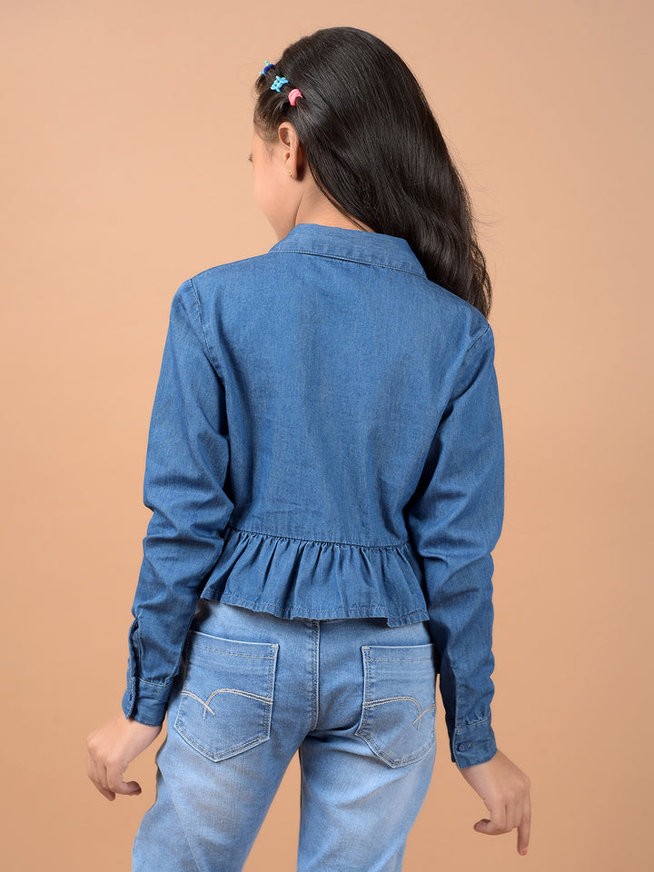 Blue 100% Cotton Crop Denim Shirt-Girls Shirts-Crimsoune Club