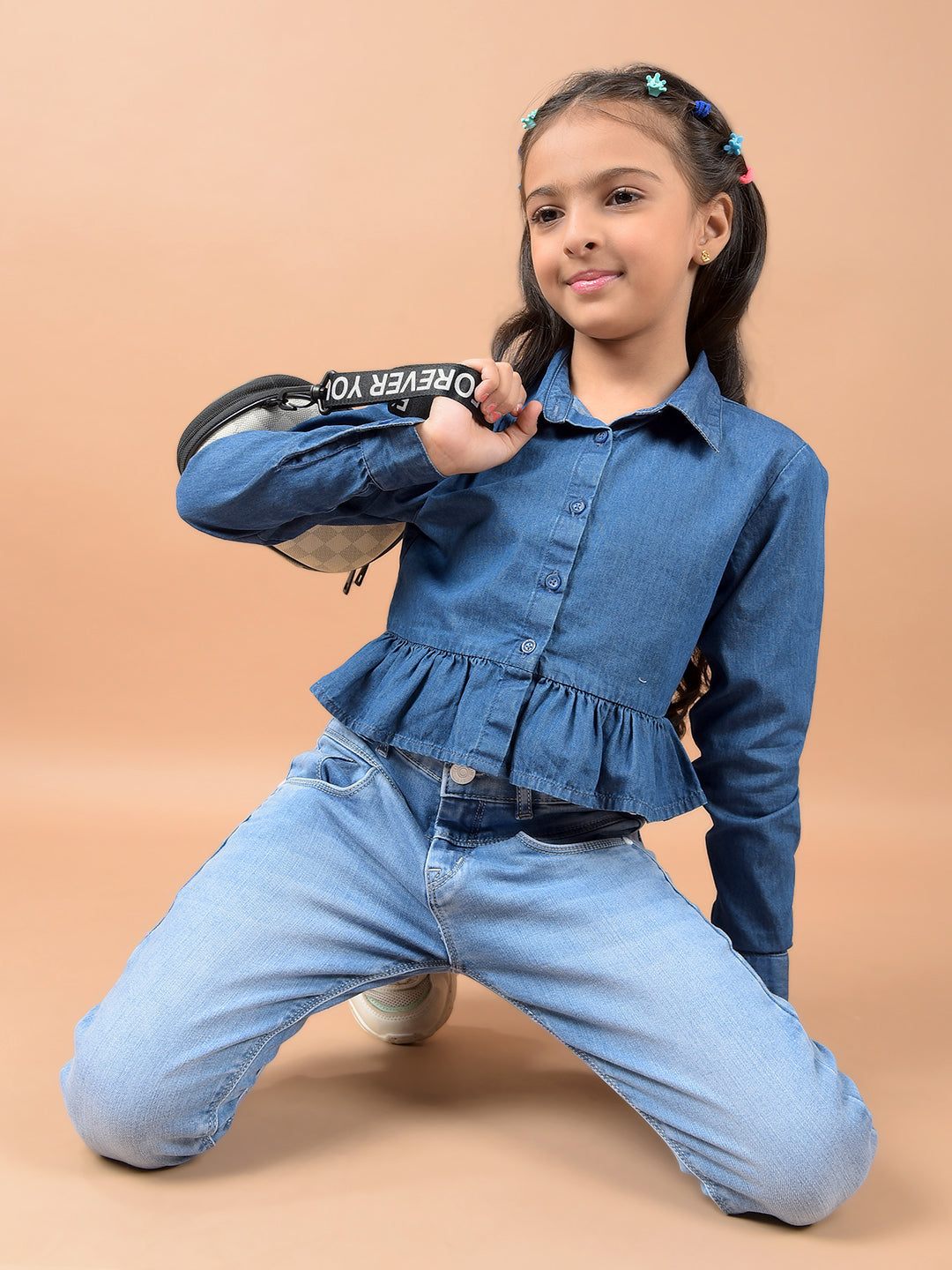 Blue 100% Cotton Crop Denim Shirt-Girls Shirts-Crimsoune Club