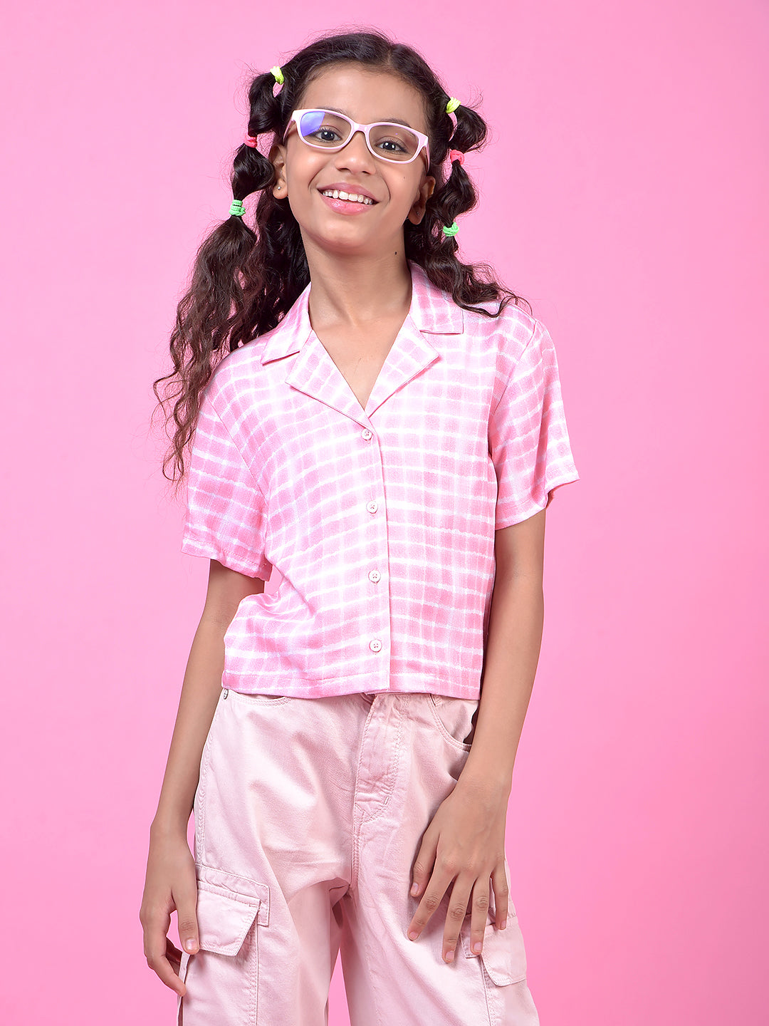 Pink Printed Resort Collar Shirt-Girls Shirts-Crimsoune Club