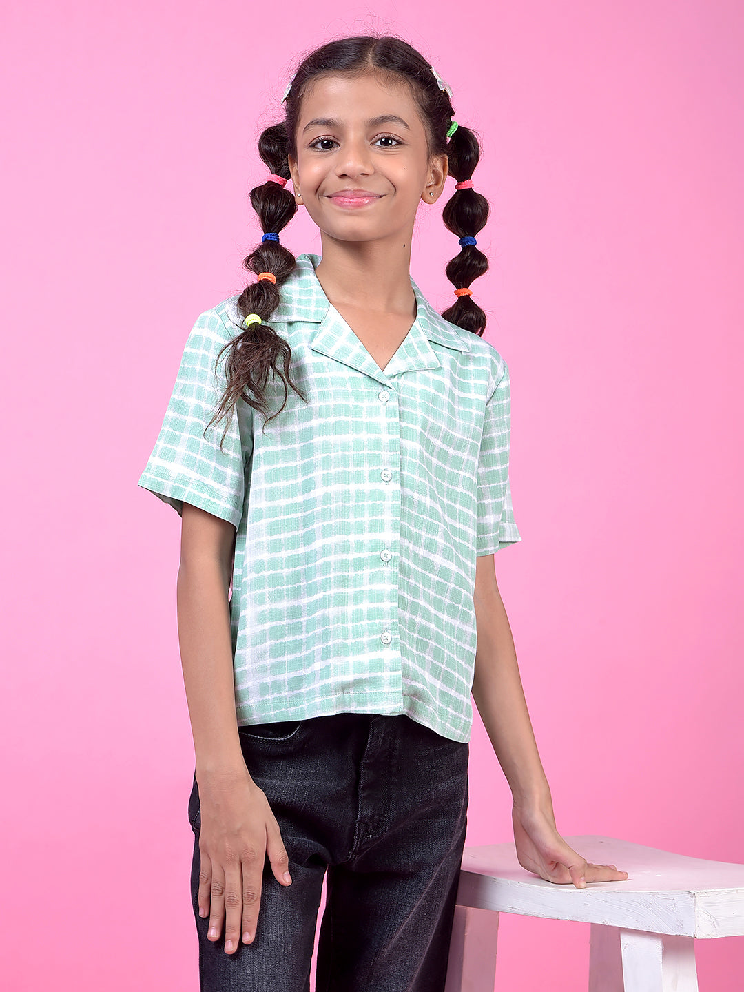 Green Printed Resort Collar Shirt-Girls Shirts-Crimsoune Club