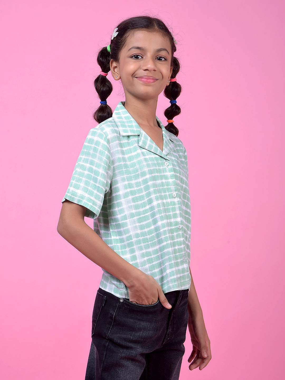 Green Printed Resort Collar Shirt-Girls Shirts-Crimsoune Club