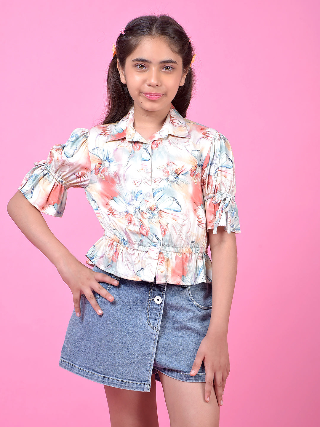 Peach Floral Print Shirt-Girls Shirts-Crimsoune Club