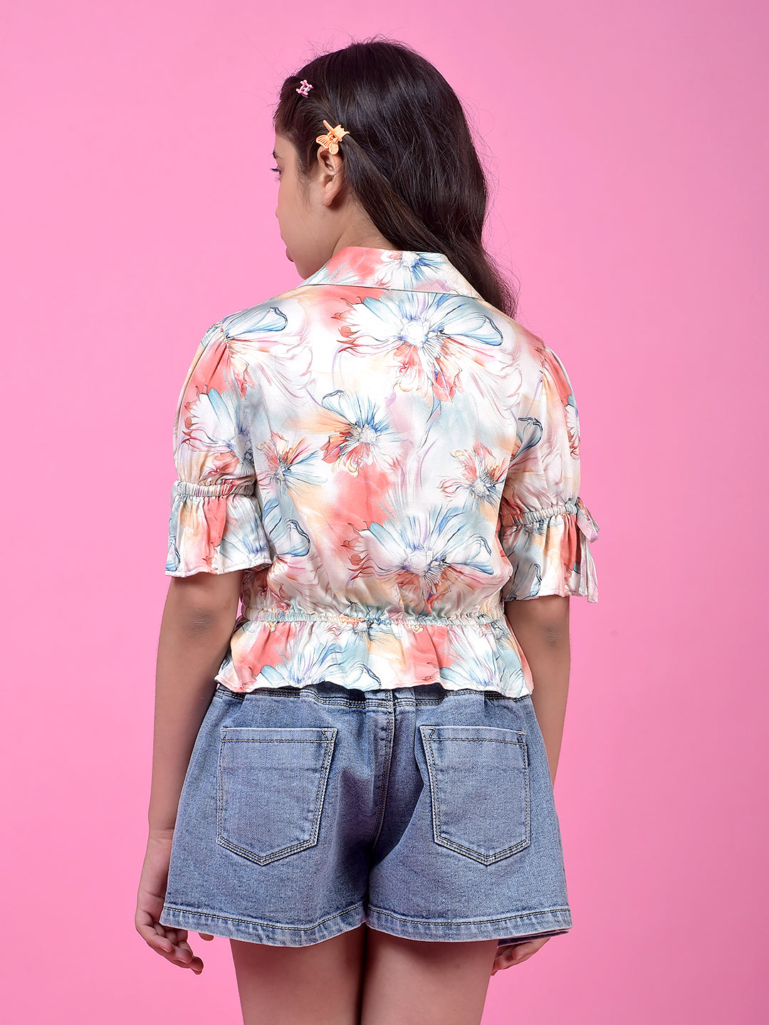 Peach Floral Print Shirt-Girls Shirts-Crimsoune Club