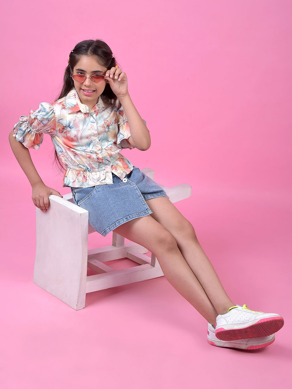 Peach Floral Print Shirt-Girls Shirts-Crimsoune Club