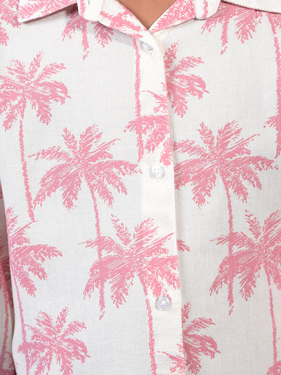 Girl's Peach Floral Print Linen Shirt-Girls Shirts-Crimsoune Club