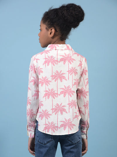 Girl's Peach Floral Print Linen Shirt-Girls Shirts-Crimsoune Club