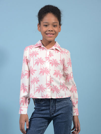Girl's Peach Floral Print Linen Shirt-Girls Shirts-Crimsoune Club