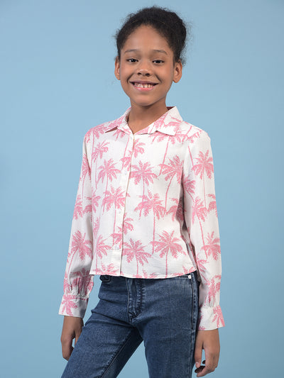 Girl's Peach Floral Print Linen Shirt-Girls Shirts-Crimsoune Club
