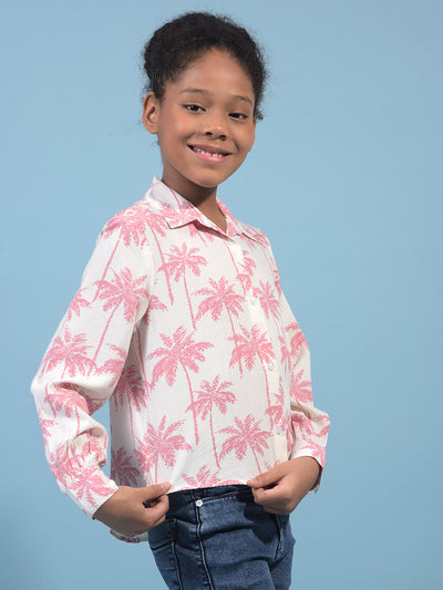 Girl's Peach Floral Print Linen Shirt-Girls Shirts-Crimsoune Club