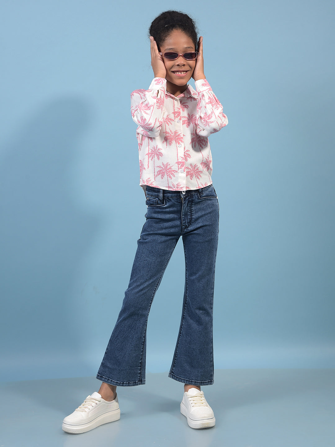 Girl's Peach Floral Print Linen Shirt-Girls Shirts-Crimsoune Club