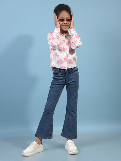 Girl's Peach Floral Print Linen Shirt-Girls Shirts-Crimsoune Club