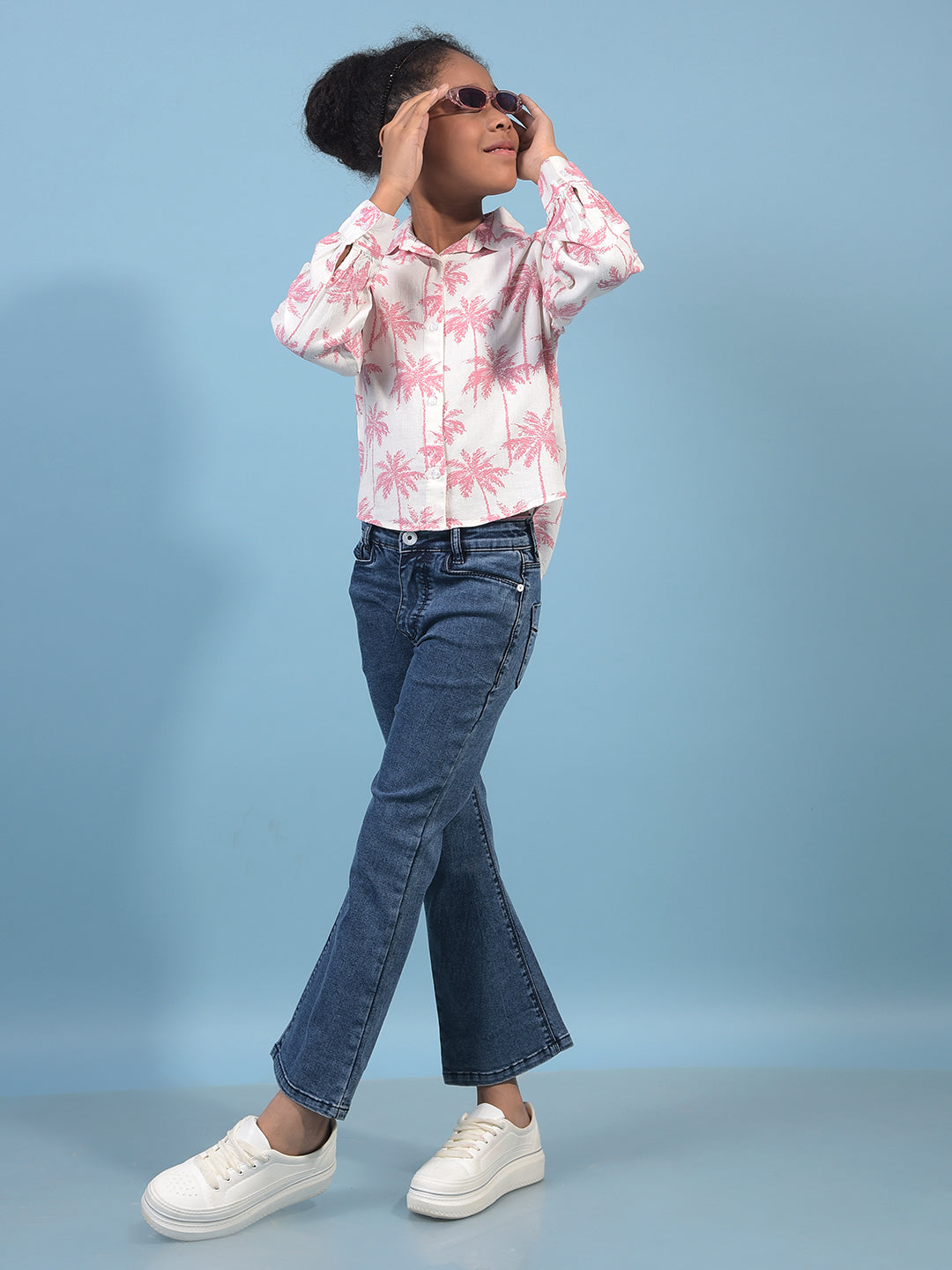 Girl's Peach Floral Print Linen Shirt-Girls Shirts-Crimsoune Club
