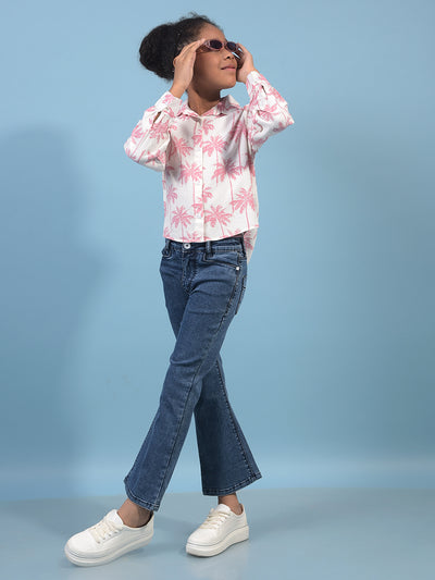 Girl's Peach Floral Print Linen Shirt-Girls Shirts-Crimsoune Club