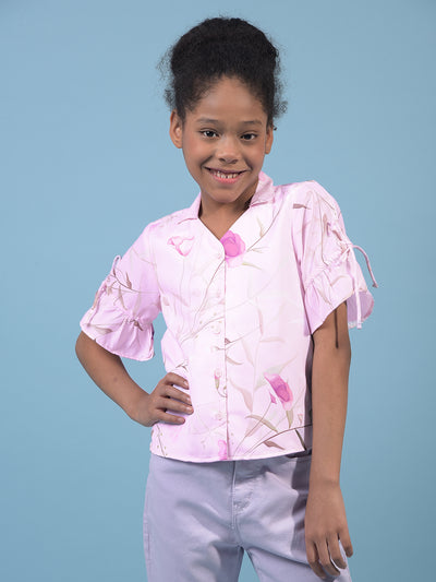 Girl's Purple Floral Print V-Neck Shirt-Girls Shirts-Crimsoune Club
