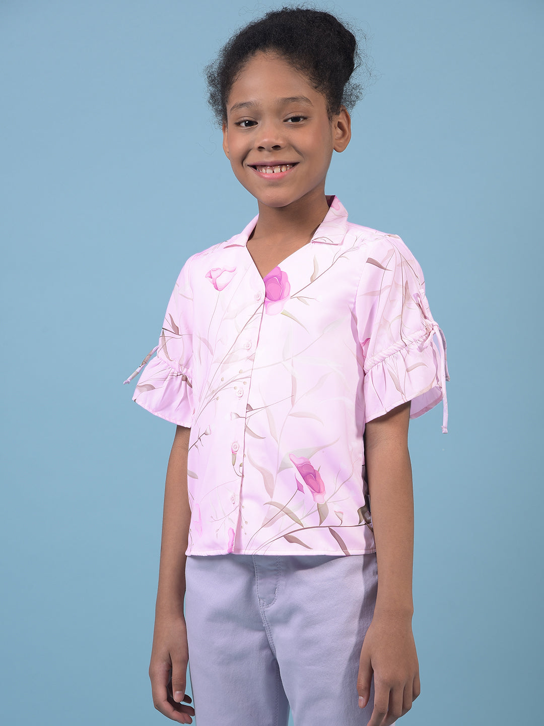Girl's Purple Floral Print V-Neck Shirt-Girls Shirts-Crimsoune Club