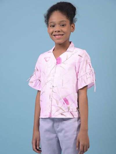 Girl's Purple Floral Print V-Neck Shirt-Girls Shirts-Crimsoune Club