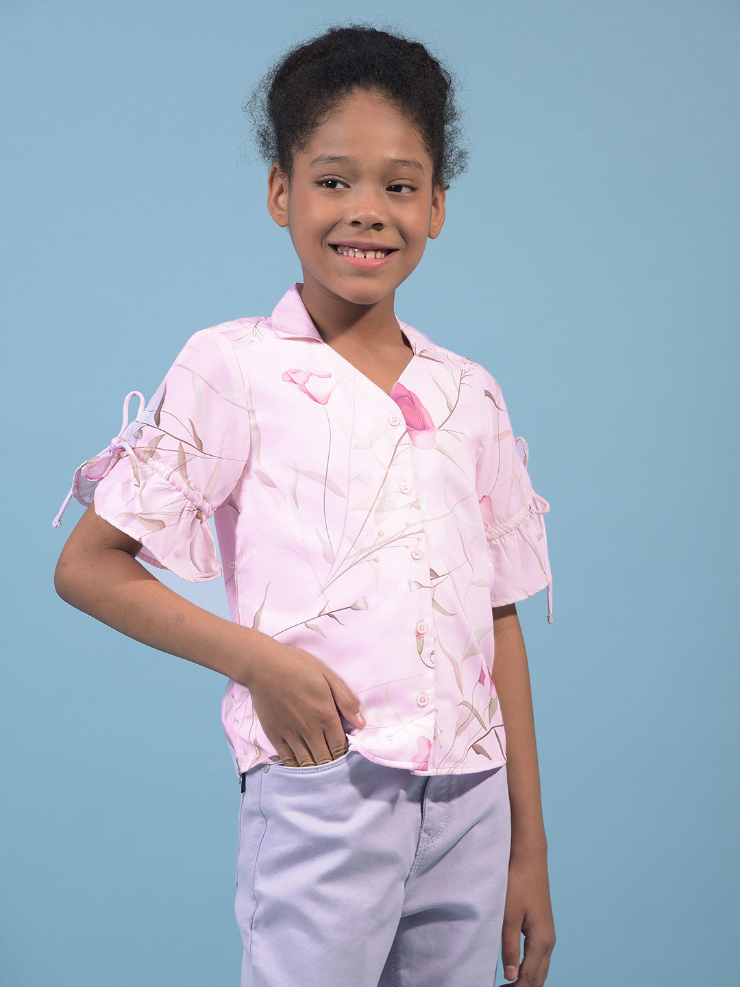 Girl's Purple Floral Print V-Neck Shirt-Girls Shirts-Crimsoune Club