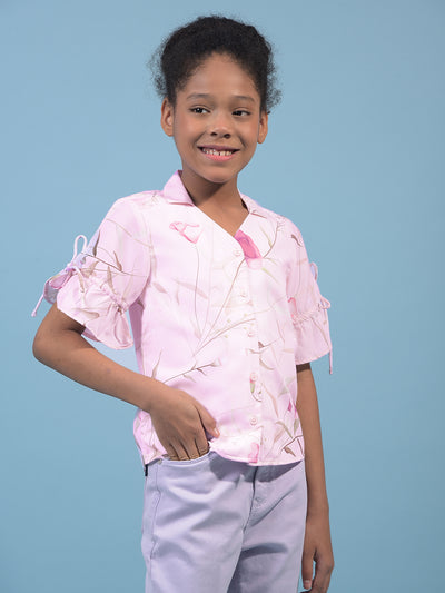 Girl's Purple Floral Print V-Neck Shirt-Girls Shirts-Crimsoune Club