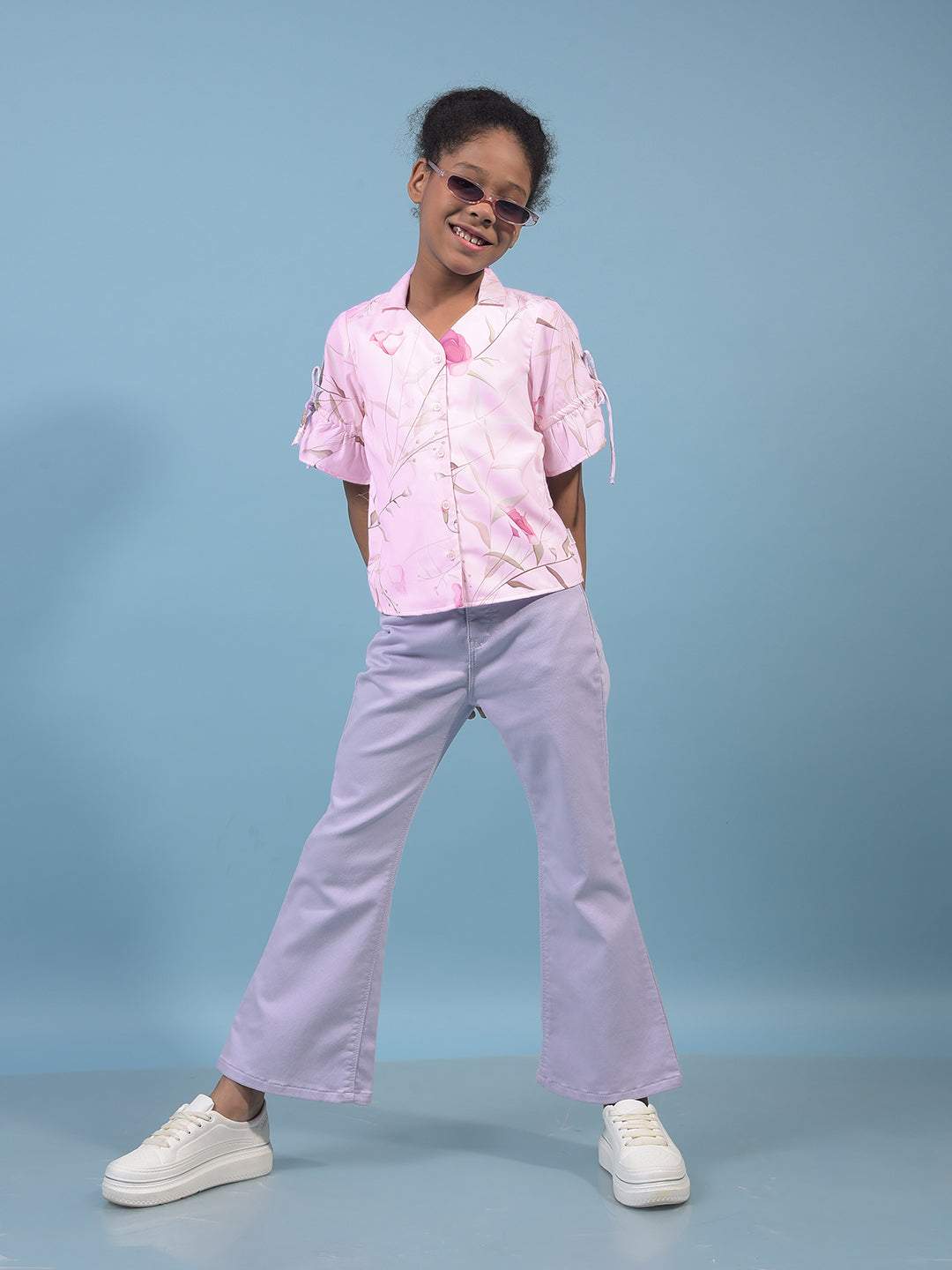 Girl's Purple Floral Print V-Neck Shirt-Girls Shirts-Crimsoune Club