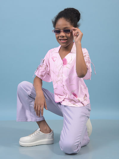 Girl's Purple Floral Print V-Neck Shirt-Girls Shirts-Crimsoune Club