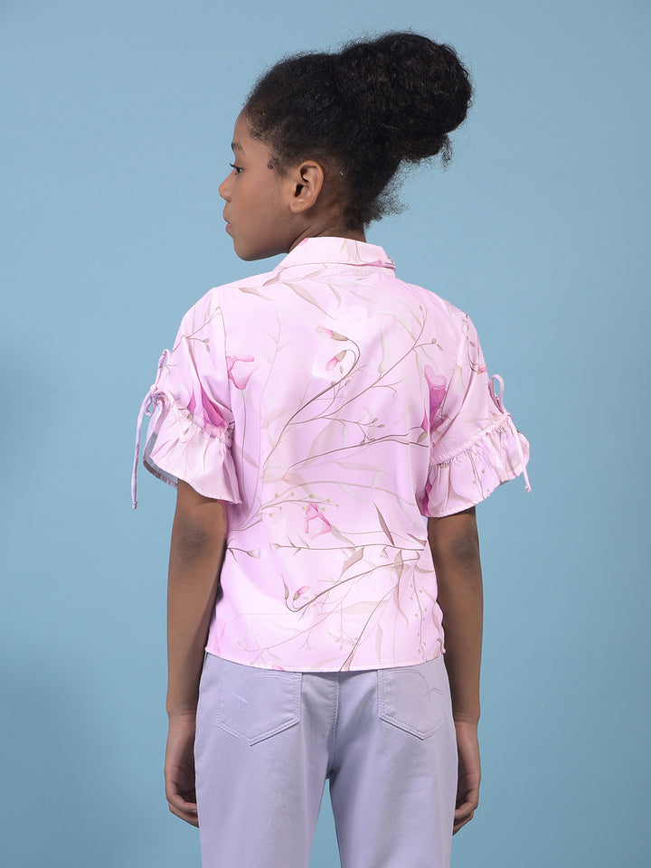 Girl's Purple Floral Print V-Neck Shirt-Girls Shirts-Crimsoune Club